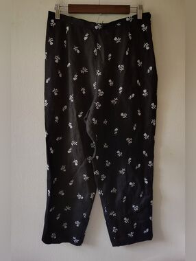 Talbots Black Crop Pants 12 Irish Linen Floral Coastal Boho Lagenlook Casual